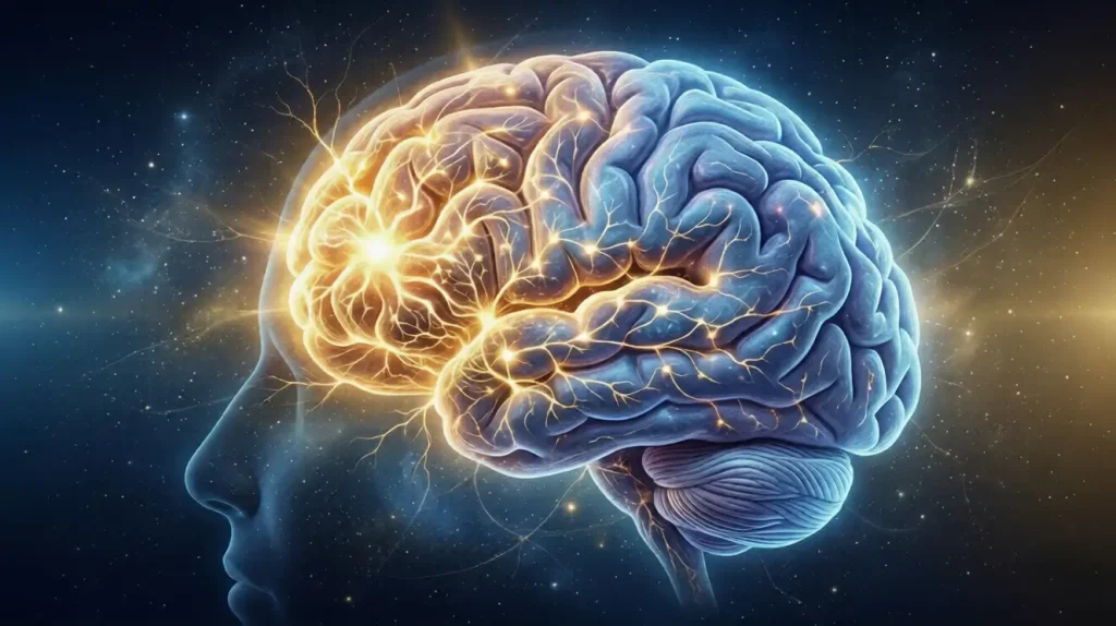 Metaphorical medical visualization of targeted brain activation in the Dorsolateral Prefrontal Cortex (DLPFC) illustrating neuroplasticity and the strengthening of neural pathways to treat major depressive disorder